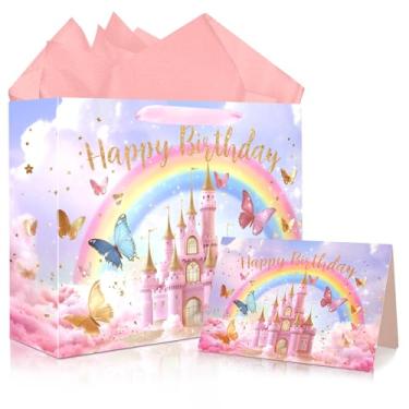 Imagem de JOARHONAL Bolsa de presente Castelo de princesas – Bolsa grande de presente de feliz aniversário de 33 cm com papel de seda e cartão para meninas e crianças, suprimentos de festa de aniversário com