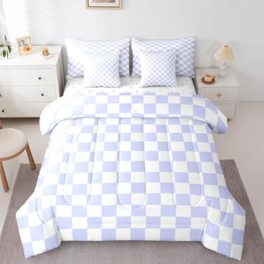Imagem de Manfei Conjunto de cama solteiro de 7 peças, quadriculado azul e branco, reversível geométrico, xadrez, decoração de quarto de crianças, meninas, cama quadriculada em uma bolsa com edredom, lençóis e