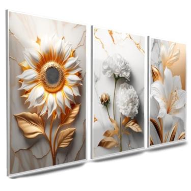 Imagem de Quadros Decorativos Flor Tulipa Dourada e Branca 3 Peças Mosaico Sala Quarto Escritório (09, Tamanho 20x30 Centímetros)