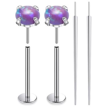 Imagem de Ruifan ASTM F136 titânio bochecha piercing barra joias sem rosca push in flat back língua anéis roxo opala sólida titânio labret piercing corporal joias para mulheres homens 16G 16 mm