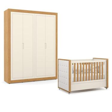 Imagem de Berço Americano Com Capitonê New Boucle E Guarda Roupa Tutto New 4 Portas Freijó Off White - Matic
