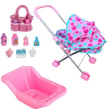 Imagem de Kit Carrinho De Boneca Reborn DmToys C/ Banheira e Bolsinha - DM Toys
