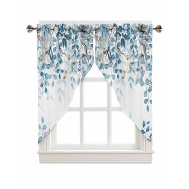 Imagem de Cortina Swag Valances Eucalipto Folhas Botânicas Cortinas de Janela de Cozinha Aquarela Planta Folha Pequena Tratamento Azul Sálvia Café Cortinas Curtas para Tratamento de Quarto Cortinas de Camada