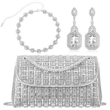 Imagem de Landical Conjunto de 3 peças de joias e clutch de strass colorido para mulheres - bolsa de noite brilhante, brinco pendente, colar, Evening bag: 7.5 x 2.3 x 4.3 inches, tecido, strass, Sem Pedra