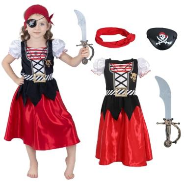 Imagem de Rabtero Girls Buccaneer Costume Kids, Girls Pirate Princess Dress with Headband, Eyepatch, Cutlass, Halloween Birthday Themed Party Cruise Pirate Role Play for Kids 3-4 Years