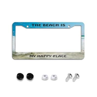 Imagem de EFAWIPA Molduras de placa de licença The Beach is My Happy Place, aço inoxidável, decoração de placa de licença engraçada com parafusos 31,2 x 16 cm para tamanho de veículo padrão dos EUA Canadá