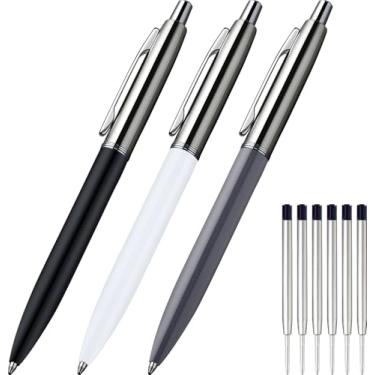 Imagem de ChaoQ Caneta esferográfica, 3 peças de caneta esferográfica de metal retrátil, para presente, negócios, escritório, tinta preta de ponta média de 1,0 mm, 6 refil de metal extra substituível, (3 canetas e 6 recargas) - preto, branco, cinza