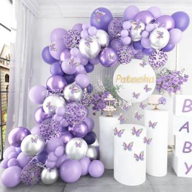 Imagem de Pateeha Decorações de chá de bebê para meninas, 140 peças, kit de guirlanda de balões roxos metálico com arco de balão de prata, 12 peças, adesivos de borboleta, confetes para decorações de aniversário e casamento