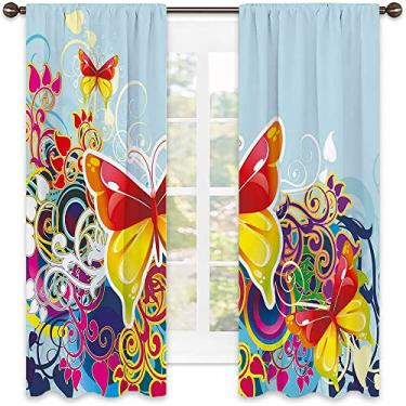 Imagem de Cortina blackout colorida, borboletas e ornamanetas florais de design de fantasia arte temática de asas estilo colorido, cortinas blackout com absorção de som para decoração de sala de jantar/festa, L