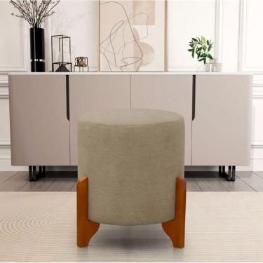 Imagem de Puff Redondo Linho Com Pés Em Madeira Maciça Decorativo Sala Quarto 