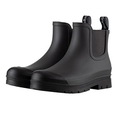 Imagem de Planone Botas de chuva curtas femininas impermeáveis sapatos de jardim antiderrapantes Chelsea botas de chuva para senhoras, palmilhas confortáveis estilosas sapatos de chuva leves de tornozelo fosco para trabalho ao ar livre, Cinza escuro/preto, 6
