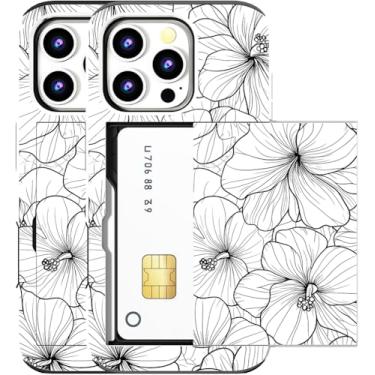 Imagem de MUQR Capa compatível com iPhone 16 Pro com suporte de cartão fofo - Design Kawaii, proteção contra quedas de nível militar, capa carteira robusta para mulheres (Hibisco branco preto)