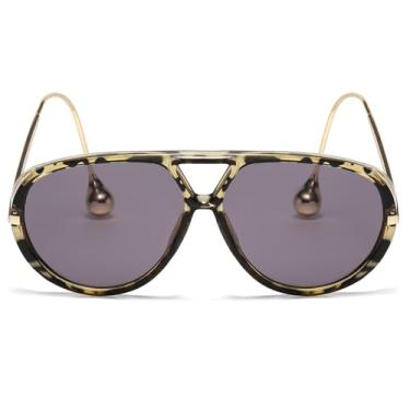 Imagem de LASPOR Óculos de sol aviador grandes para mulheres, vintage, com brinco ajustável, armação grande, óculos escuros femininos, Armação de leopardo amarelo/lente cinza