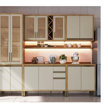 Imagem de Cozinha Modulada Completa 5 Peças 13 Portas com Vidro e Tampo 100% Mdf Barbados Espresso Móveis Amêndoa/Off White