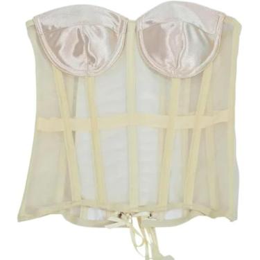 Imagem de Mulheres Espartilho Bustiers Com Sutiã Transparente Malha Cintura Cintura Shaper Colete Strapless Push Up Corpetes, Beige, XXS