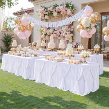 Imagem de Besutolife Toalha de mesa de tule branca para mesas retangulares de 2,4 m, 3 lados para festa de casamento, aniversário, chá de panela, tutu branco, babados, banquete, jantar, decoração, 2 unidades