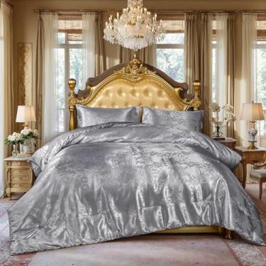 Imagem de Bedding_Dreamer Conjunto de cama queen jacquard, cinza, 3 peças, bordado, neoclássico, floral, decoração de casa, edredom macio, hotel de luxo, conjunto de cama Paisley sedoso