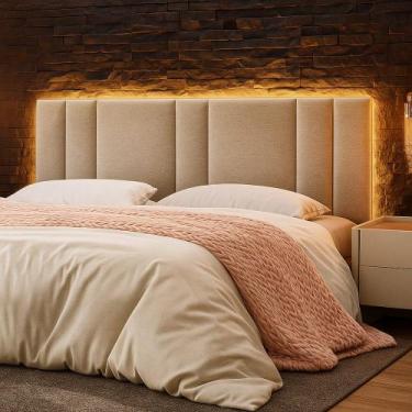 Imagem de Cabeceira Painel Cama Box King Size Siri 200cm com LED Linho Bege - De