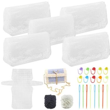 Imagem de CRASPIRE Kit de 5 sacos de plástico de malha, folhas de lona de plástico de malha transparente com 2 novelos, 2 cores, fios de poliéster, agulhas, fechos, bolsa de crochê para confecção de bolsa de