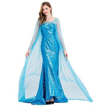 Imagem de Mordarli Vestido feminino sereia lantejoulas princesa Halloween cosplay fantasia vestido chique, azul, GG