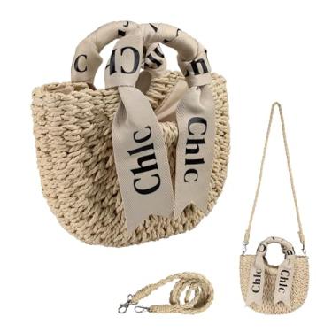 Imagem de Czörvbag Bolsa de praia feminina de palha, bolsa de verão, bolsa de tecido, bolsas de palha, alça de ombro removível., Branco