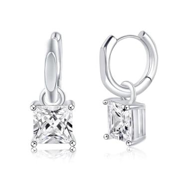 Imagem de MDFUN Brincos de argola com pingente de auréola banhado a ouro branco 18 quilates, redondo, princesa, coração, corte em gota, zircônia cúbica transparente para mulheres, Ouro branco, Zircônia cúbica