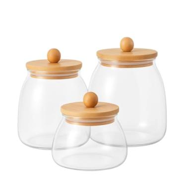 Imagem de Conjunto de 3 Potes de Vidro BOLINHA TRANSPARENTE com Tampa de Bambu Vedação em Silicone 1L, 600ml, 400ml Porta Temperos, Porta Condimentos, Porta Mantimentos, Potes Organizadores