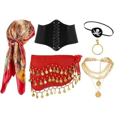 Imagem de Jeere 6 peças de fantasia de Halloween para mulheres, acessórios de pirata, cachecol de dança do ventre, lenço de cabeça com selo na cintura, brinco, colar, tapa-olho
