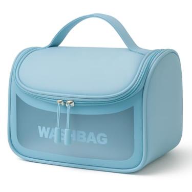Imagem de Necessaire Feminina Transparente Viagem Bolsa Ideal para Cosméticos Maquiagem Higiene Pessoal Fechamento com Zíper Fácil Acesso Design Moderno Funcional Impermeável (Azul Claro)