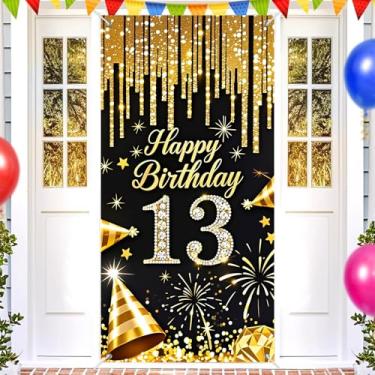 Imagem de HOMETITUTE Capa de porta de aniversário de 13 anos 178 x 89 cm, faixa de aniversário preta e dourada para decorações de festa, número de diamante, placa de fundo para meninas, meninos, adolescentes