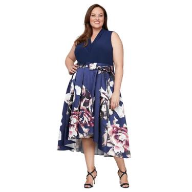 Imagem de S.L. Fashions Vestido feminino plus size com comprimento de chá e gola redonda, Floral azul-marinho, 54