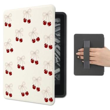 Imagem de AdorableWhimsy Capa Red Cherry para Kindle Paperwhite 12ª Geração/Kindle Colorsoft Edição Assinatura 2024 com Alça de Mão Couro PU Capa Folio Capa Protetora E-Reader Capa Auto Sleep/Wake