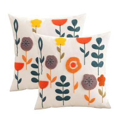 Imagem de TAOSON Pacote com 2, capas de almofada bordadas com padrão de flores e folhas, capas de almofada de lona de algodão, decoração de casa de fazenda de primavera, presente de dia dos namorados, capa de