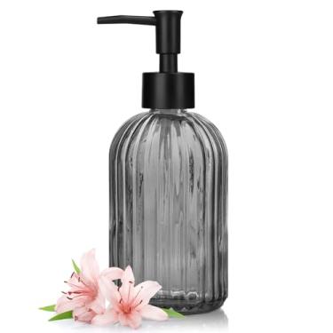 Imagem de Dispensador de sabão de vidro de 382 g com bomba de plástico, dispensador de sabão de mão recarregável com design de listras verticais para lavar as mãos, banheiro e cozinha
