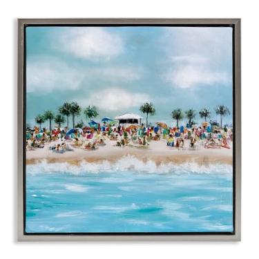 Imagem de Stupell Industries Arte de parede em tela flutuante cinza tropical cabana praia emoldurada por Emma Bell, 45,7 x 45,7 cm