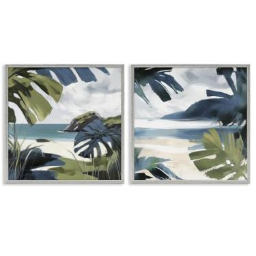 Imagem de Stupell Industries Conjunto de arte giclée emoldurado em cinza com 2 peças de cenas de praia Tropical Vibes por Elara Yasna, 43 x 43 cm