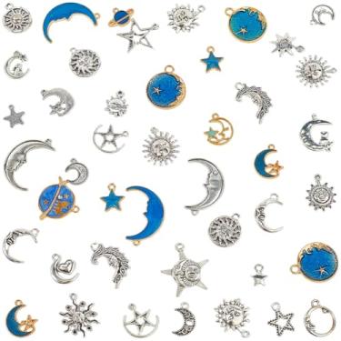 Imagem de SOFPLATE 1 caixa 94 peças pingentes de sol lua estrela celestial pingentes de liga azul sortido planeta pingente pendurado acessórios para fazer joias, pulseiras, colares, brincos, artesanato DIY
