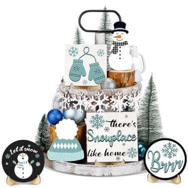 Imagem de Conjunto de 11 peças de tabuleiro de inverno com boneco de neve em camadas, luvas de madeira, placas de mesa, floco de neve, decoração de inverno, deixe na neve, decorações de mesa para decoração de