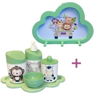 Imagem de Kit Higiene Bebê Safari Macaco, zebra e elefante + Cabideiro Infantil 