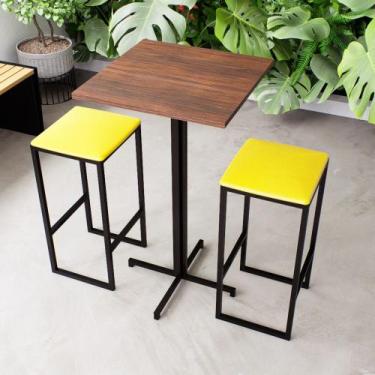 Imagem de Conjunto Mesa Alta Bar Bistrô Quadrada Imbuia 2 Bancos Estofado Indust