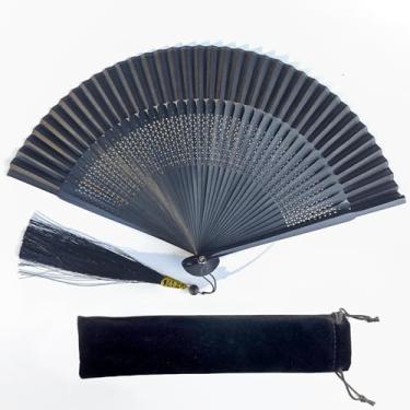 Imagem de Ventiladores dobráveis de bambu de seda chinesa - ventiladores decorativos portáteis para festas, dança, casamento, decoração, cosplay, presentes (pequeno, cerca de 21 cm, preto)