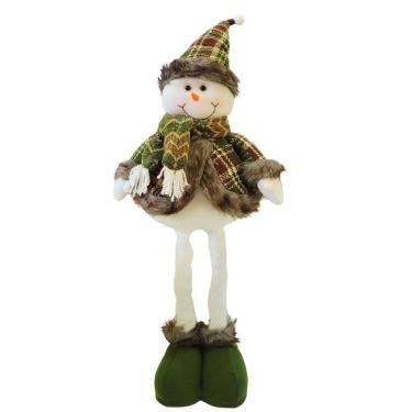 Imagem de Boneco de Neve Decorativo Natal  Pernas Retráteis Extensoras 55cm a 75cm Pelúcia Branco Roupa Verde Xadrez