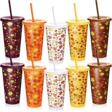 Imagem de Willinglong Copos de café reutilizáveis de outono com tampas e canudos 680 g folhas de bordo outono copos de plástico canecas a granel festa de ação de graças copos de água potável para bebidas frias