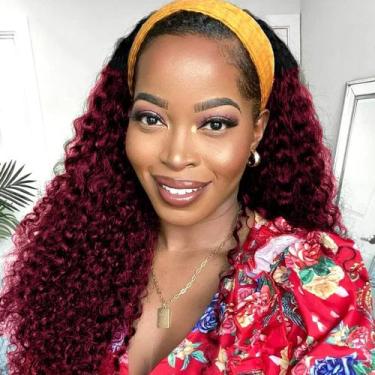 Imagem de Peruca com bandana Celiarita Ombre Wine Red Human Hair Deep Wave 22 po