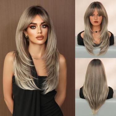 Imagem de Peruca 7JHH WIGS Long Ash Grey Blonde Highlight 65 cm com franja