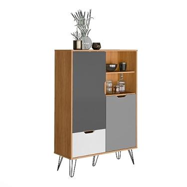 Imagem de Bar 2 Portas 1 Gaveta possui pés em Metal com porta taças e garrafas ESTOCOLMO cor Carvalho/Grafite/Branco/Prata - Artely