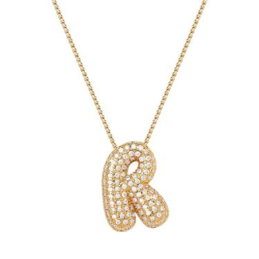 Imagem de Mint & Lily Colar feminino com inicial de ouro Pave Bubble – banhado a ouro 18K sobre latão com corrente delicada, presente para mulheres, Latão, Sem Pedra Preciosa