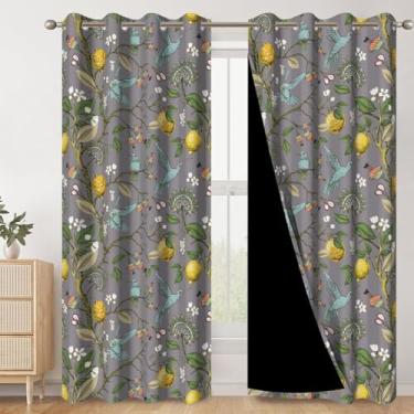 Imagem de AWERT Cortinas blackout com estampa floral de primavera, folhas verdes, pássaros azuis, amarelos, limões, vitalidade natural, cortinas de casa de fazenda de verão para quarto, sala de estar, conjunto