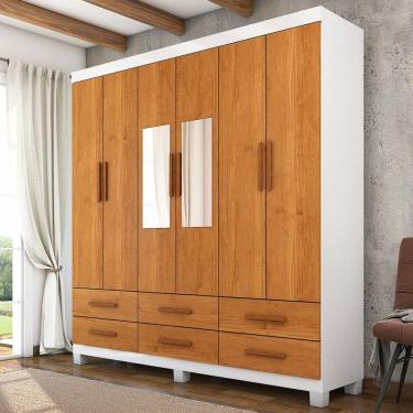 Imagem de Guarda-Roupa Solteiro Denver 6 Portas 6 Gavetas com Espelho 22121 Branco/Cinamomo - Carioca Móveis