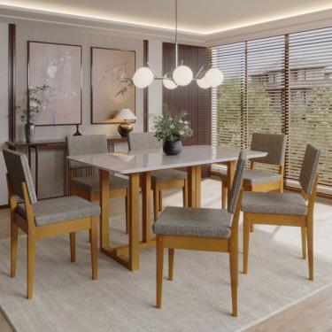 Imagem de Conjunto Sala de Jantar 6 Lugares Retangular com Tampo de Vidro Mesa Filadélfia Cadeiras Miami Cerejeira/Café/Off White